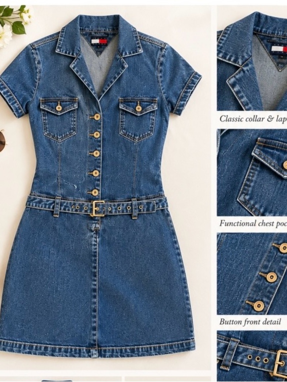 Tommy Hilfiger Blue Short Sleeve Denim Mini Dress with Belt
